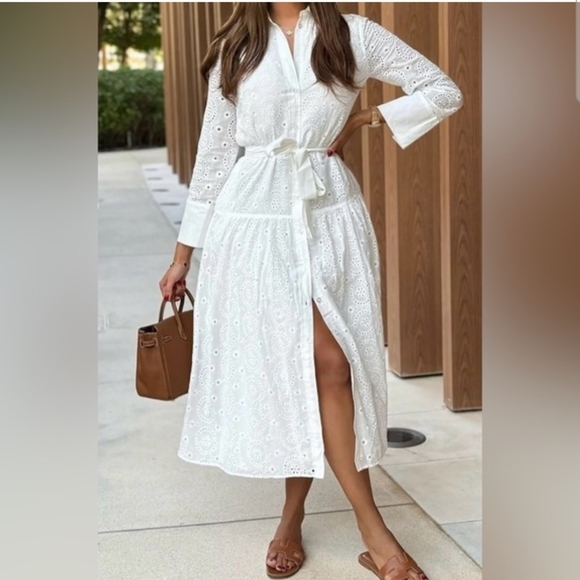 White Eyelet Button-Up Dress With Tie Belt B - Picture 4 of 11